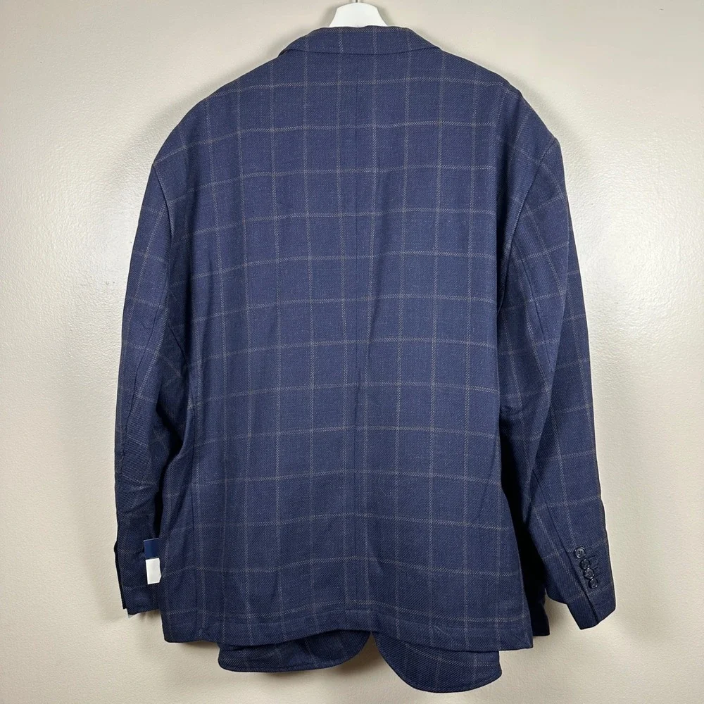 Stafford Mens 60R Sport Coat Navy Windowpane Wool‎ Blend Big & Tall 3-Button NEW